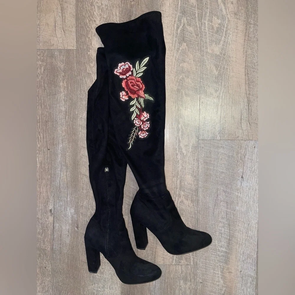 Floral Embroidered Over the Knee Boots - Black
